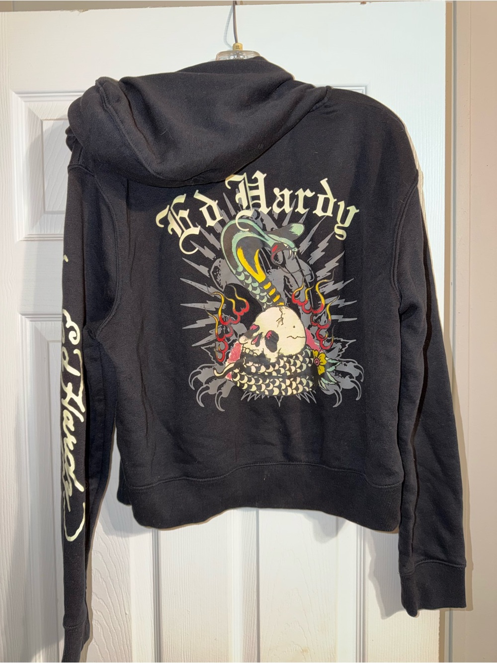 Ed Hardy cropped Graphic Zip Up Hoodie Black Skull Snake Y2K Tattoo Style XL